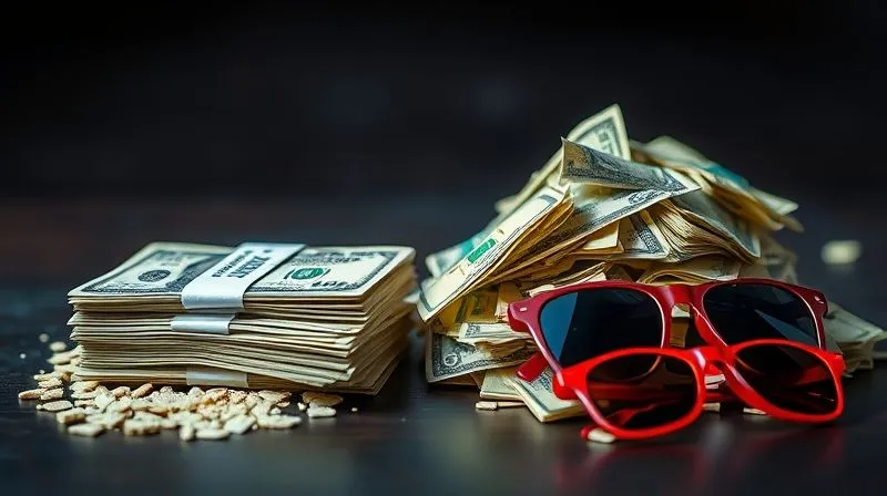 A photorealistic, professional photography, 8K, cinematic lighting, sharp focus, depth of field image contrasting two piles of money: a small, neat stack of large denomination bills next to a single, elegant pair of classic sunglasses, representing long-term value. On the other side, a much larger, messy pile of smaller denomination bills next to several broken or outdated, brightly colored sunglasses, symbolizing wasted short-term investments.