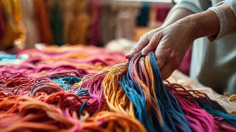 Photorealistic image of hands delicately sorting through vibrant, naturally dyed organic cotton threads in a sunlit artisan workshop, emphasizing quality and care. Professional photography, 8K, cinematic lighting, sharp focus on the threads, depth of field blurring the background, shot on a high-end DSLR.