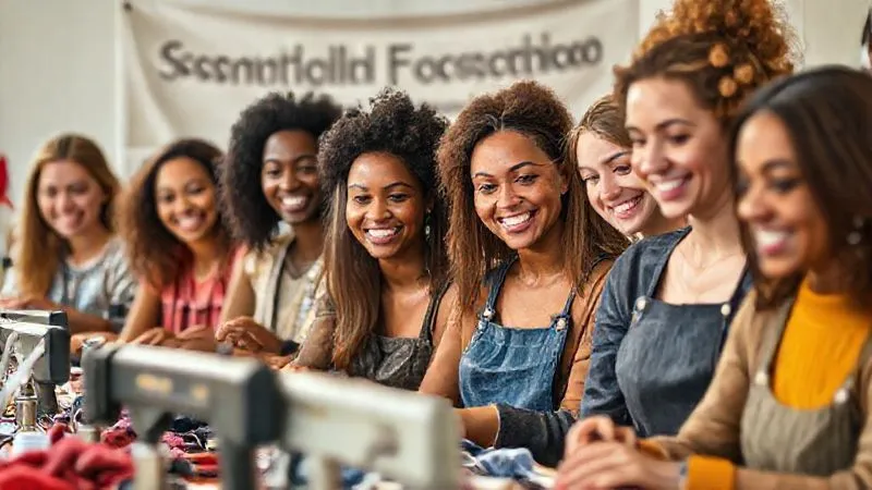 Photorealistic image of a diverse group of people, smiling and engaged, participating in a sustainable fashion workshop, perhaps learning to mend clothes or upcycle fabrics. A brand banner with a subtle ethical fashion logo is visible in the background. Professional photography, 8K, cinematic lighting, sharp focus on the group's faces and hands, depth of field blurring the workshop tools, shot on a high-end DSLR.
