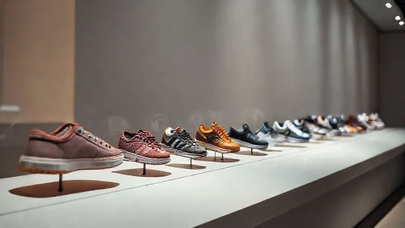 A photorealistic timeline graphic depicting the evolution of athletic footwear from simple canvas shoes to modern high-tech, fashion-forward sneakers, displayed in a museum-like setting with soft, dramatic lighting, sharp focus on the progression of design, 8K, cinematic lighting, depth of field.