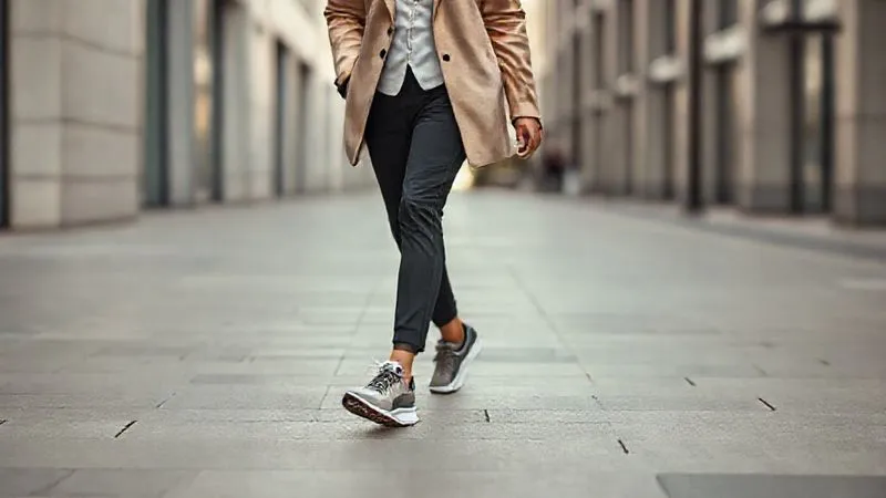 A photorealistic image of a stylish person in a modern urban environment, confidently walking with sleek, fashion-forward running shoes paired with tailored, neutral-toned athleisure wear (e.g., tailored joggers, an oversized blazer). The setting is a clean, minimalist city street with soft, natural light, 8K, cinematic lighting, sharp focus on the attire, depth of field blurring the background.