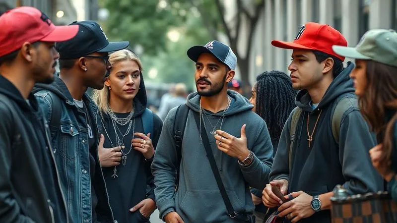 A diverse group of young people wearing authentic, unique streetwear accessories (statement rings, custom caps, utility bags) in an urban setting, conversing and interacting naturally. Photorealistic, professional photography, 8K, cinematic lighting, sharp focus, depth of field, shot on a high-end DSLR.