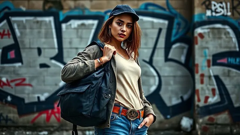 A professional photoshoot of a streetwear model confidently showcasing a unique accessory (e.g., a custom utility bag or a bold statement belt) against a gritty urban backdrop, dynamic pose, with artistic graffiti in the background. Photorealistic, professional photography, 8K, cinematic lighting, sharp focus, depth of field, shot on a high-end DSLR.