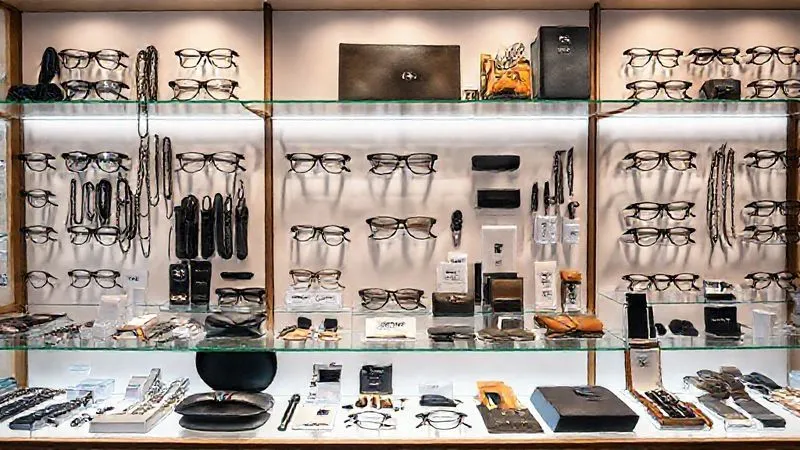 A beautifully curated eyewear accessory display, showcasing various items like chains, cases, and cleaning kits in an organized, aesthetically pleasing manner, with soft ambient lighting, emphasizing lifestyle solutions rather than just products.