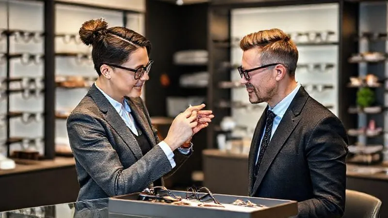 A professional optician gently assisting a client in trying on stylish eyewear, with a range of complementary accessories subtly displayed on a nearby tray, in a modern, well-lit optical boutique setting, focusing on the seamless interaction and style consultation.