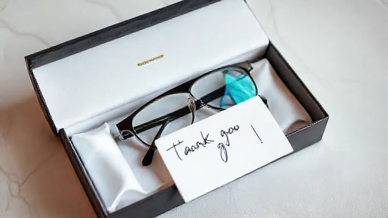 A beautifully packaged, branded box containing new eyeglasses and a premium accessory, with a handwritten thank-you note partially visible, resting on a clean, elegant surface, conveying a sense of luxury, care, and attention to detail.