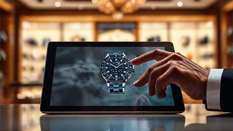 A photorealistic image of a sleek, modern tablet displaying a high-resolution 360-degree view of a luxury watch, with elegant hands interacting with the screen. The background is a subtly blurred, opulent watch boutique, suggesting seamless digital-physical integration. Professional photography, 8K, cinematic lighting, sharp focus on the tablet and watch, depth of field, shot on a high-end DSLR.