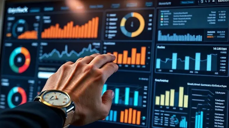 A photorealistic image of a sophisticated data dashboard displaying various luxury watch sales metrics, charts, and customer segmentation data, with elegant graphs and clear, actionable insights. In the foreground, a person's hand with a luxury watch subtly interacts with a touchscreen. Professional photography, 8K, cinematic lighting, sharp focus on the dashboard, depth of field, shot on a high-end DSLR.