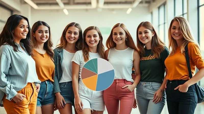 A photorealistic, professional photography, 8K, cinematic lighting, sharp focus, depth of field, shot on a high-end DSLR. A diverse group of young women, each representing a different casual fashion style (e.g., minimalist, bohemian, sporty, classic), overlaid with subtle data visualizations like pie charts or bar graphs indicating demographic segmentation. The women are interacting casually in a bright, modern setting, symbolizing understanding diverse customer segments.