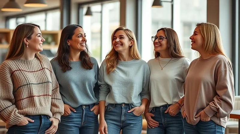 A photorealistic, professional photography, 8K, cinematic lighting, sharp focus, depth of field, shot on a high-end DSLR. A diverse group of women, each wearing different casual womenswear pieces (e.g., a comfortable knit sweater, relaxed jeans, a stylish oversized tee), laughing and interacting naturally in a sunlit, modern cafe. The focus is on the authentic joy and comfort, with sharp details on fabric textures and styling, depth of field blurring the background subtly.