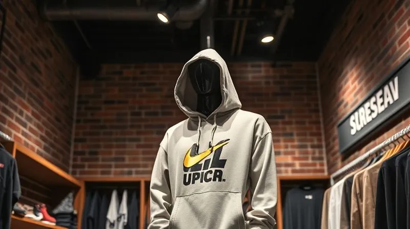 A photorealistic, professional photography shot of a minimalist, industrial-style streetwear boutique display. A single mannequin, styled with a bold print hoodie and complementary neutral pieces, is illuminated by a spotlight. The background features exposed brick and subtle branding. 8K, cinematic lighting, sharp focus on the mannequin, depth of field, shot on a high-end DSLR.