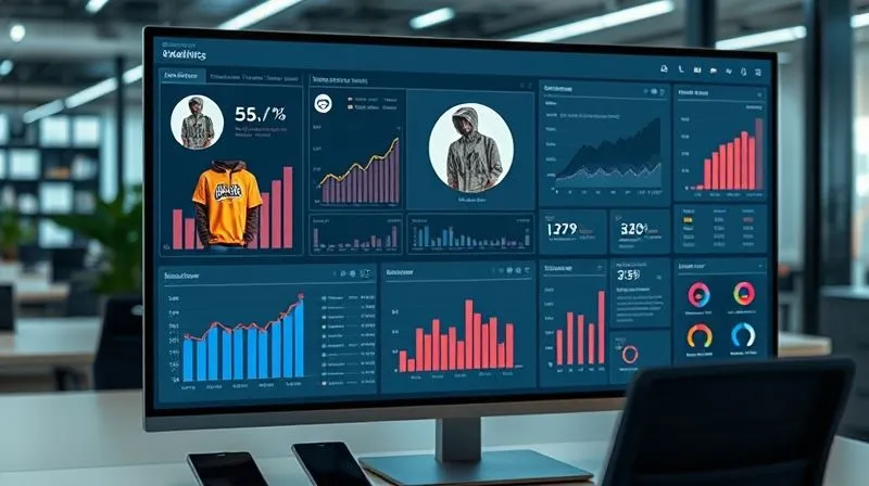 A photorealistic image of a sleek, modern data analytics dashboard on a large monitor, displaying various charts and graphs related to e-commerce sales, customer behavior, and inventory movement. The bold print streetwear product images are subtly integrated into the dashboard's design. Cinematic lighting, sharp focus on the central charts, depth of field blurring the background office environment. 8K, shot on a high-end DSLR.