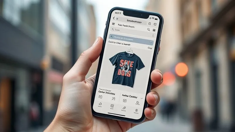 A photorealistic, professional photography shot of a sleek, modern smartphone displaying an e-commerce website for streetwear. A bold print t-shirt is prominently featured on the product page, with clear "Add to Cart" and "Buy Now" buttons. The interface is clean, intuitive, and visually appealing. The phone is held in a hand against a blurred urban background. 8K, cinematic lighting, sharp focus on the phone screen, depth of field, shot on a high-end DSLR.
