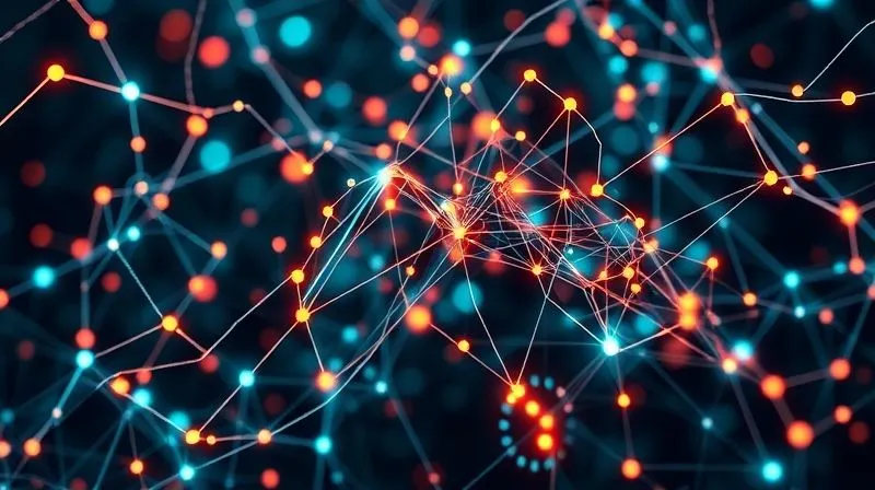 A complex, glowing neural network diagram representing the TikTok algorithm's interconnected feedback loops, with data points flowing like fashion trends. Photorealistic, professional photography, 8K, cinematic lighting, sharp focus, depth of field, shot on a high-end DSLR.