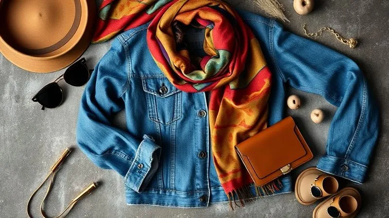 A creative flat lay of diverse fashion items – a vintage scarf, a sustainable denim jacket, a statement accessory – arranged artfully on a textured background, symbolizing content versatility. Photorealistic, professional photography, 8K, cinematic lighting, sharp focus, depth of field, shot on a high-end DSLR.