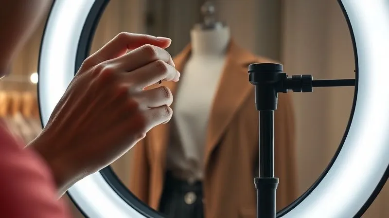 A close-up, photorealistic shot of a fashion influencer's hands delicately adjusting a professional ring light, illuminating a stylish outfit on a mannequin in the background, emphasizing careful attention to visual detail. Professional photography, 8K, cinematic lighting, sharp focus, depth of field, shot on a high-end DSLR.