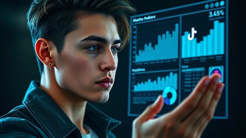 A focused, photorealistic image of a fashion influencer intently studying a holographic projection of TikTok analytics data – charts, graphs, and audience demographics – with a thoughtful expression. Professional photography, 8K, cinematic lighting, sharp focus, depth of field, shot on a high-end DSLR.