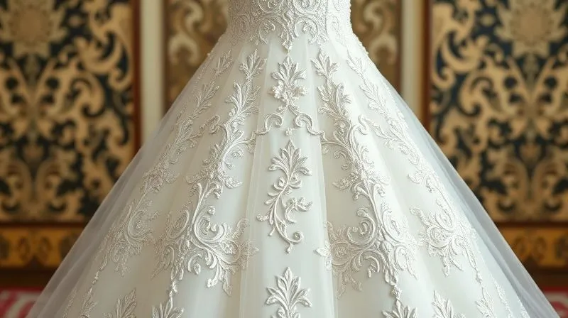 A photorealistic mood board showcasing a seamless blend of intricate, historical traditional wedding gown embroidery patterns alongside sleek, modern minimalist bridal design elements. The image should convey harmony between old and new, professional photography, 8K, cinematic lighting, sharp focus, depth of field.