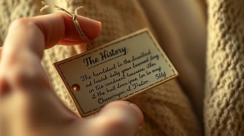 A photorealistic close-up of a hand gently holding a vintage garment tag, revealing faded handwritten notes about its history, bathed in soft, warm light, sharp focus on the tag, depth of field blurring the garment, 8K hyper-detailed, professional photography, shot on a high-end DSLR.