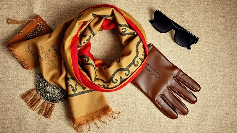 A photorealistic flat lay of carefully arranged vintage accessories – a silk scarf, leather gloves, a brooch – against a minimalist, textured background reflecting a specific brand aesthetic (e.g., Art Deco, Boho Chic). Cinematic lighting, sharp focus, 8K hyper-detailed, professional photography, shot on a high-end DSLR.
