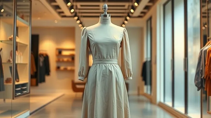 A photorealistic image of a perfectly styled vintage dress on a mannequin, displayed in an elegant, minimalist digital storefront setting with soft, diffused lighting. The focus is sharp on the garment's fabric and details, with a clean, aspirational background. 8K hyper-detailed, professional photography, shot on a high-end DSLR.