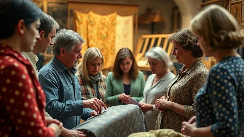 A photorealistic image of a small, engaged group of people at a 'vintage fashion history' workshop, examining textiles and patterns. A mentor figure (expert) is pointing to details on a garment. Warm, inviting lighting, sharp focus on the interaction and vintage items. 8K hyper-detailed, professional photography, shot on a high-end DSLR.