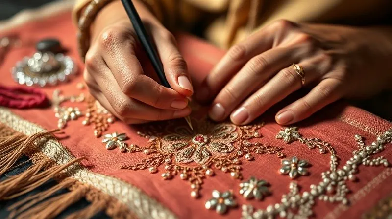 A photorealistic, professional photography, 8K, cinematic lighting, sharp focus, depth of field, shot on a high-end DSLR, capturing the skilled hands of an artisan meticulously applying intricate beadwork and embroidery to a luxurious fabric swatch. The focus is on the delicate details and the precision of the craftsmanship, with soft, focused lighting highlighting the sparkle of the beads and the texture of the threads, symbolizing the transformation of abstract ideas into tangible beauty.