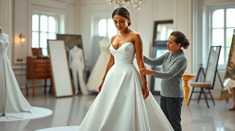 A photorealistic, professional photography, 8K, cinematic lighting, sharp focus, depth of field, shot on a high-end DSLR, capturing a haute couture client during a final fitting in a luxurious, brightly lit atelier. The client is standing gracefully in a stunning, partially finished gown, while a skilled designer makes a subtle, precise adjustment to the hemline, with a look of focused satisfaction on both their faces, symbolizing the culmination of a collaborative design process.
