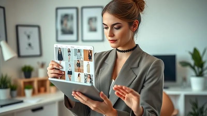 A photorealistic, professional photography, 8K, cinematic lighting, sharp focus, depth of field, shot on a high-end DSLR. A stylish woman thoughtfully reviewing a digital mood board on a tablet, displaying various fashion aesthetics, color palettes, and texture inspirations, reflecting her evolving blogger persona. The background is a clean, organized home office space.