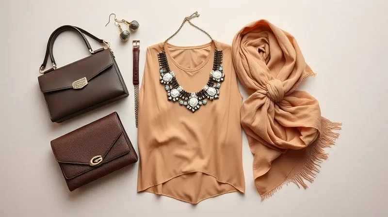 A photorealistic, professional photography, 8K, cinematic lighting, sharp focus, depth of field, shot on a high-end DSLR. An elegant flat lay of diverse, high-quality accessories – a statement necklace, a structured handbag, a silk scarf, versatile earrings, and a chic watch – arranged artfully on a neutral background, demonstrating how they can transform a basic outfit.