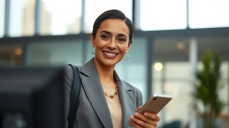 A photorealistic, professional photography, 8K, cinematic lighting, sharp focus, depth of field, shot on a high-end DSLR. A confident and radiant blogger, impeccably dressed in a versatile, well-fitting outfit, smiling genuinely while engaging with her audience on a high-definition video call. Her posture is poised, and her eyes convey warmth and authority.