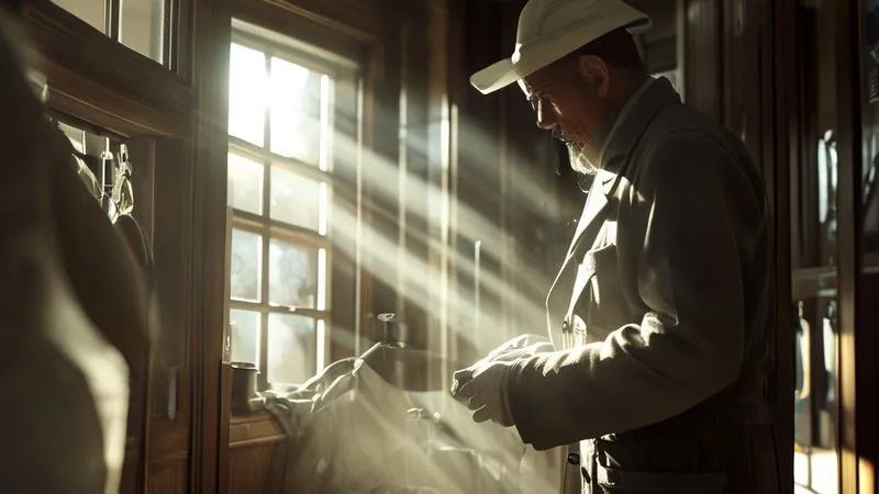 A photorealistic scene inside a high-end dry cleaner, a skilled artisan carefully inspecting a luxury wool coat, natural light streaming through a window, sharp focus on the garment, depth of field blurring the background, 8K hyper-detailed.
