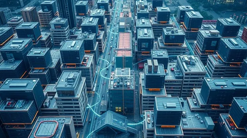 A photorealistic, professional photography image from an aerial perspective, showing a complex but streamlined reverse logistics network for fashion. Various collection points (storefronts, mailboxes) are connected by clear, flowing lines to a central sorting facility, then branching out to repair centers, resale platforms, and recycling plants. Cinematic lighting, sharp focus on the interconnectedness, depth of field blurring the background city, 8K hyper-detailed, shot on a high-end DSLR.