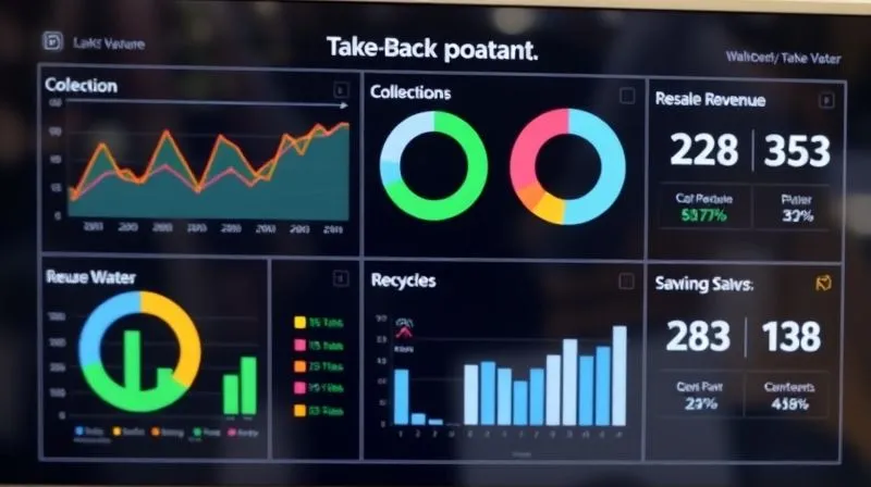 A photorealistic, professional photography image of a clean, modern digital dashboard displaying various KPIs related to a garment take-back program. Graphs show collection volume trends, pie charts illustrate value recovery rates (reuse, repair, recycle), and clear numbers highlight resale revenue and environmental savings (carbon, water). The interface is intuitive, sharp focus on the data, depth of field blurring the background, 8K hyper-detailed, shot on a high-end DSLR.