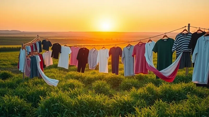 A hopeful and expansive photorealistic image of a vibrant, green landscape where garments are seamlessly flowing in a continuous loop, symbolizing a thriving circular economy. Clothes are being collected, repaired, and re-introduced into the system with minimal waste, creating a sense of harmony and sustainability. The sun is setting with warm, golden light, sharp focus on the flowing garments, depth of field blurring the distant, pristine environment, 8K hyper-detailed, shot on a high-end DSLR.