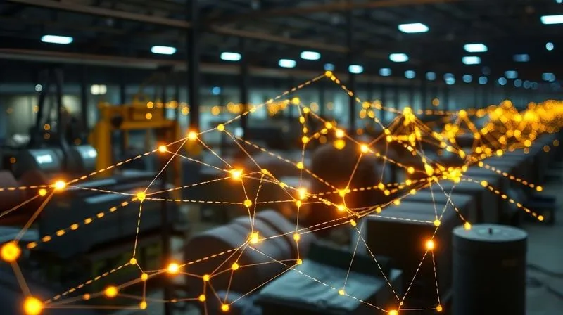 A stylized, photorealistic depiction of data flowing through a supply chain, represented by glowing digital lines connecting factories and ethical fashion products, with a blockchain ledger overlay, professional photography, 8K, cinematic lighting, sharp focus, depth of field, shot on a high-end DSLR.