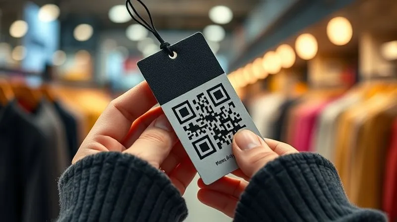 A close-up, photorealistic image of a garment tag with a subtle QR code, held by hands, with a blurred background showing a busy, modern retail environment, symbolizing consumer access to supply chain data, professional photography, 8K, cinematic lighting, sharp focus, depth of field, shot on a high-end DSLR.