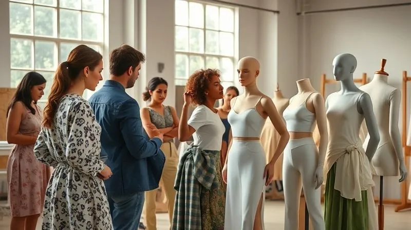 Photorealistic, professional photography, 8K, cinematic lighting, sharp focus, depth of field. A behind-the-scenes shot in a bustling fashion design studio. Diverse designers and pattern makers are collaborating, examining fabric swatches and garment prototypes on various mannequins of different sizes. Natural light streams through large windows, highlighting the intricate details of their work. The atmosphere is collaborative and innovative, emphasizing ethical production and inclusive design processes.