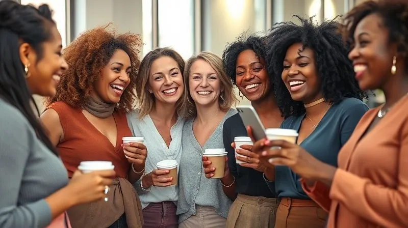 Photorealistic, professional photography, 8K, cinematic lighting, sharp focus, depth of field. A vibrant, diverse group of women of various body types and backgrounds are gathered in a brightly lit, modern community space. They are laughing, chatting, and actively engaging with each other, some holding coffee cups, others looking at a phone together. The atmosphere is warm, inclusive, and empowering, reflecting genuine connection and shared experience. Soft, diffused natural light illuminates their faces.