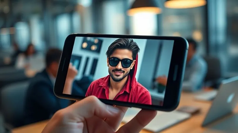 A photorealistic close-up of a high-end smartphone screen displaying trending eyewear hashtags and a celebrity photo, with a blurred background of a fast-paced team collaborating in a modern office, cinematic lighting, sharp focus on the phone, depth of field, 8K hyper-detailed, professional photography.