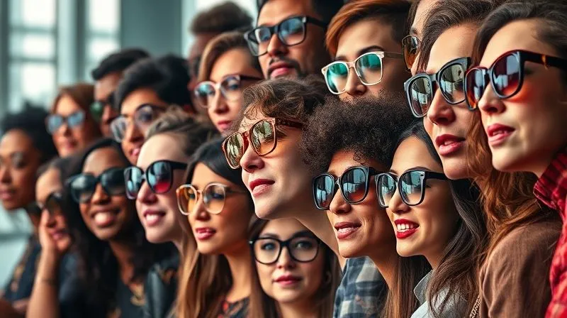 A photorealistic dynamic collage of diverse individuals wearing stylish eyewear, each frame representing a different social media platform interface with likes and comments, cinematic lighting, sharp focus on the eyewear and engaging faces, depth of field, 8K hyper-detailed, professional photography.
