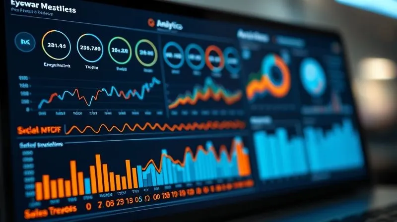 A photorealistic image of a sleek, modern analytics dashboard displaying real-time data visualizations of web traffic, social media engagement, and sales conversions related to eyewear trends, cinematic lighting, sharp focus on the data, depth of field blurring the background, 8K hyper-detailed, professional photography.