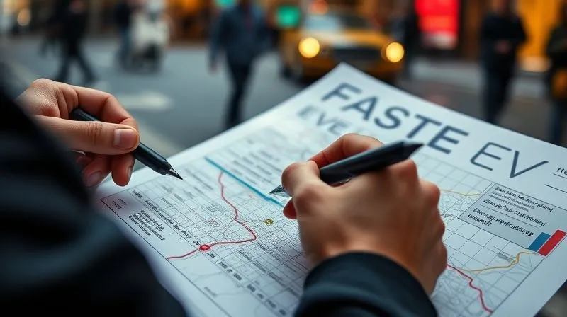 photorealistic, professional photography, 8K, cinematic lighting, sharp focus, depth of field, shot on a high-end DSLR. A detailed close-up of a fashion event schedule and a city map, highlighted with strategic points and routes. Hands holding a pen are making notes, suggesting meticulous planning. The background is slightly blurred, hinting at a bustling city street, but the focus is on the planning documents. The mood is determined and analytical.