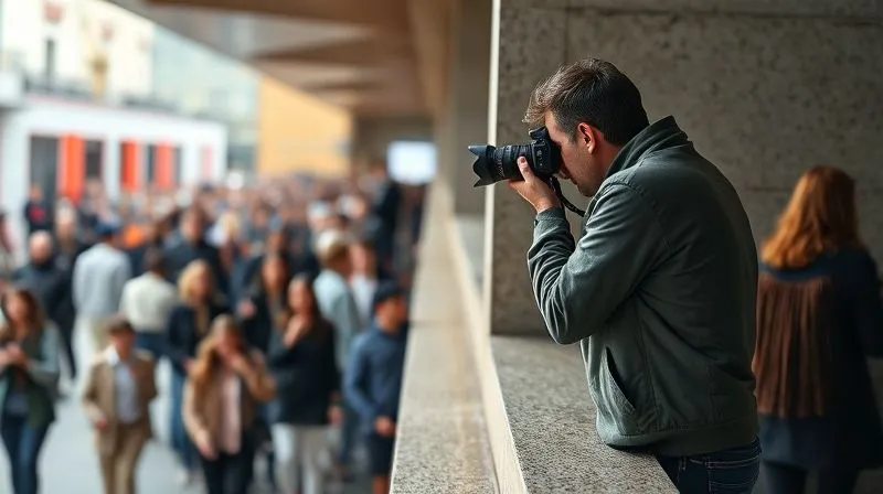 photorealistic, professional photography, 8K, cinematic lighting, sharp focus, depth of field, shot on a high-end DSLR. A street style photographer subtly positioned on a low architectural ledge, above a bustling fashion event crowd. The photographer is discreetly aiming their camera, capturing a stylish individual who is momentarily isolated against a textured wall, with the blurred crowd forming a dynamic background. The scene conveys strategic positioning and a keen eye for unique angles.