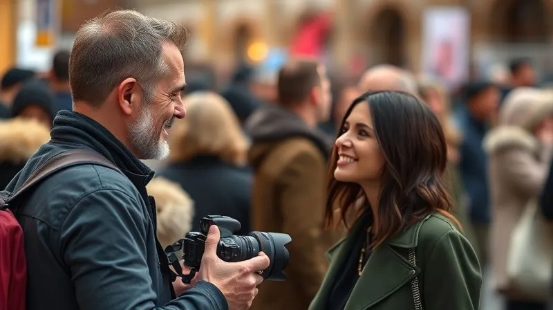 photorealistic, professional photography, 8K, cinematic lighting, sharp focus, depth of field, shot on a high-end DSLR. A street style photographer with a friendly, confident smile, engaging briefly with a stylish individual at a fashion event. The subject is looking at the photographer, smiling back, suggesting a positive interaction. The background is a bustling but blurred crowd, emphasizing the connection between photographer and subject.
