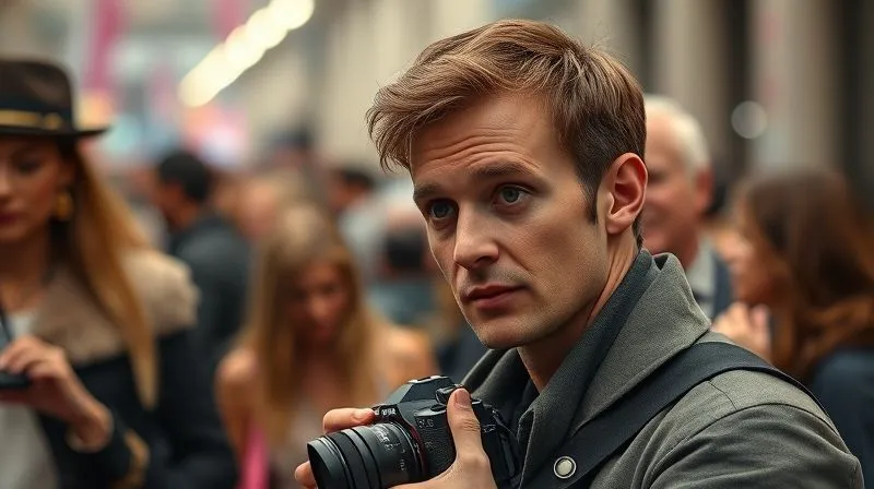 A photorealistic image of a street style photographer, with a discerning, focused expression, standing slightly apart from a blurred, bustling crowd at a fashion week event. The photographer is looking intently at a subtle detail on a passerby, with cinematic lighting highlighting their concentration, sharp focus on their eyes and camera, depth of field blurring the background, 8K hyper-detailed.