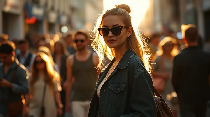 A photorealistic street style photo taken at a crowded fashion week, showcasing a subject bathed in dramatic, cinematic backlighting, creating a glowing outline against a softly blurred, chaotic background. Sharp focus on the subject's stylish outfit and confident posture, with a strong sense of depth of field, 8K hyper-detailed.