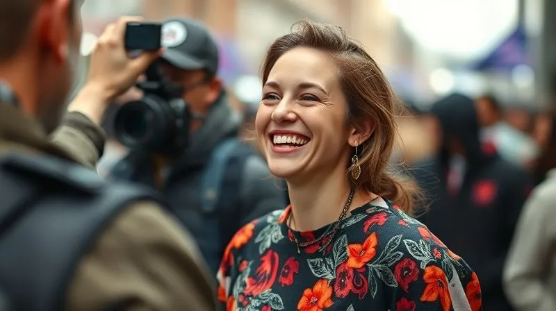 A photorealistic, candid street style portrait at a crowded fashion week, showing a subject laughing genuinely while interacting briefly with an unseen photographer. The background is a vibrant blur of activity, with sharp focus on the subject's expressive face and unique outfit, cinematic lighting highlighting their smile, depth of field creating separation, 8K hyper-detailed.