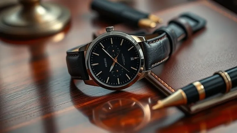 A photorealistic image of a sleek, minimalist luxury watch with a dark leather strap on a polished mahogany desk, next to a fountain pen and a leather-bound journal. The watch face is sharp and gleaming, reflecting soft, cinematic light. 8K, professional photography, sharp focus on the watch, depth of field blurring the background, shot on a high-end DSLR.