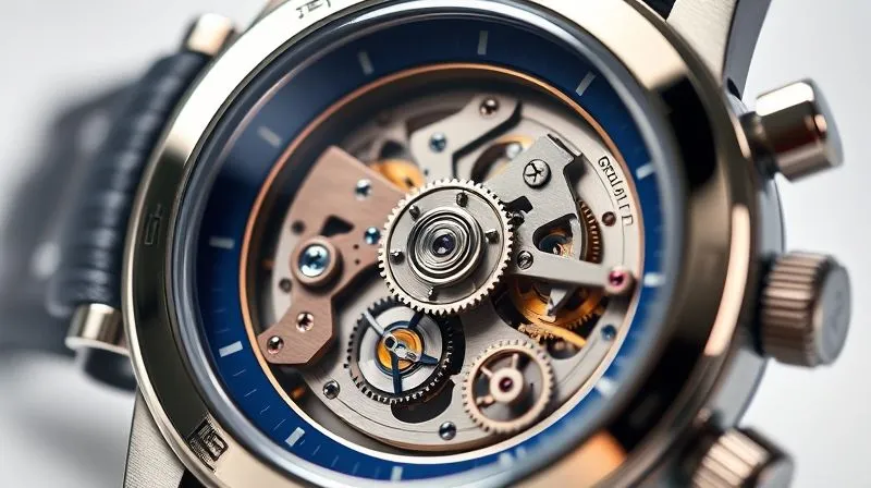 A photorealistic close-up of a luxury watch with an intricate mechanical movement visible through a sapphire case back, highlighting the gears and balance wheel. The details are hyper-sharp under studio lighting, with a shallow depth of field. 8K, professional photography, sharp focus on the movement, depth of field blurring the background, shot on a high-end DSLR.